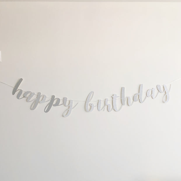Happy Birthday Scripted Party Garland -  Silver Glitter
