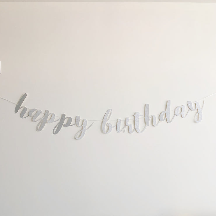 Happy Birthday Scripted Party Garland -  Silver Glitter