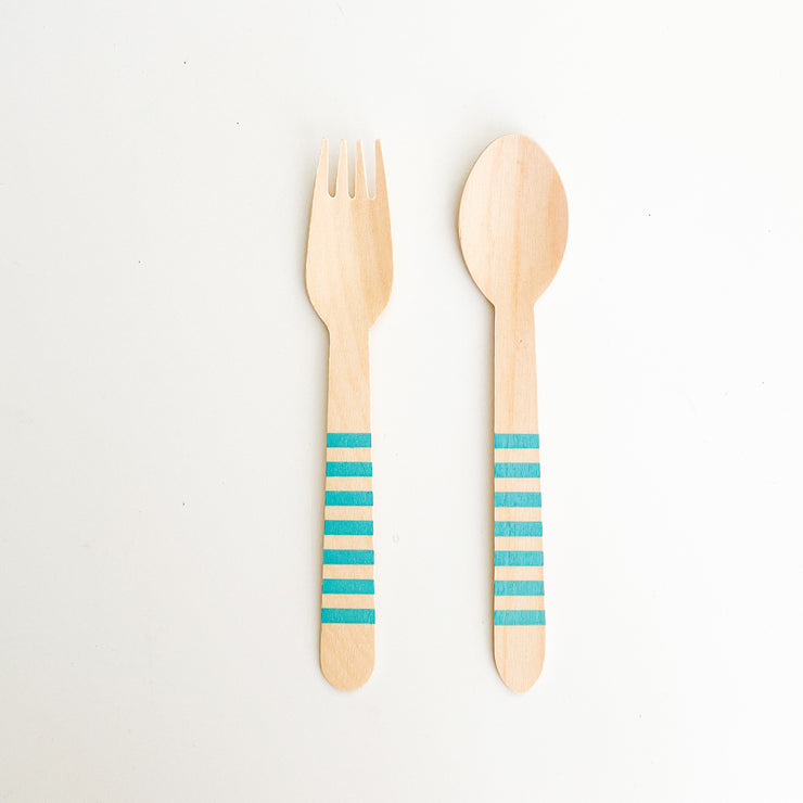 Wooden Party Utensils - Aqua Stripe