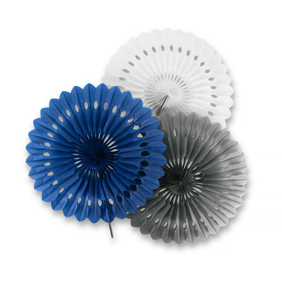 Party Paper Decor - Fan - Blue White Gray - 3 Pack