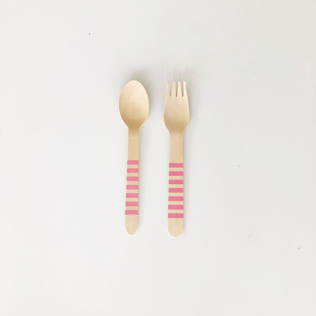 Wooden Party Utensils - Pink Stripe